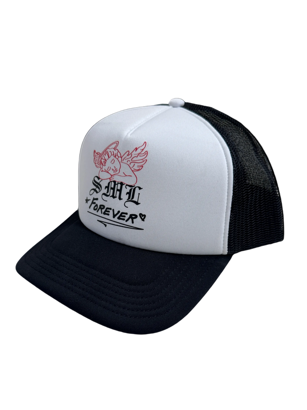 Black and white cap with 'SML Forever' logo on a black background