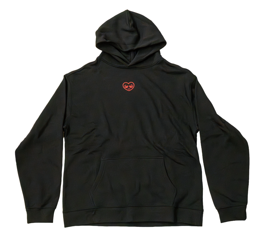 Black hoodie with a red heart logo on a white background
