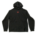 Black hoodie with a red heart logo on a white background