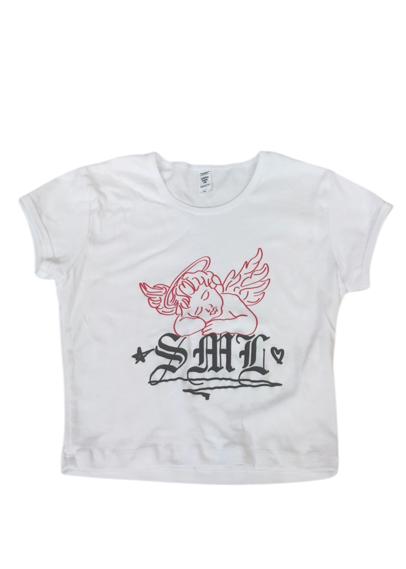 White t-shirt with red and black graphics on a white background