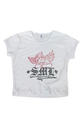 White t-shirt with red and black graphics on a white background