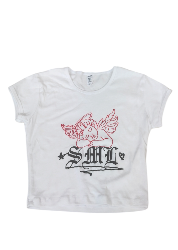 White t-shirt with red and black graphics on a white background